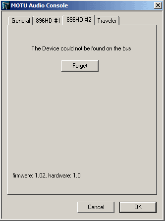 Remove the MOTU devices from the system. Power down and disconnect the 896HD #1 unit from the firewire bus. Connect the MOTU 896HD #2 to the firewire bus.