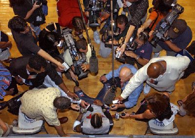Interview with Alan Iverson at the 2004 USA Basketball Olympic Training Camp. I am mixing ESPN Correspondent John Barr's handheld wireless RE50 mic and my boom mic to a Sony 500 Betacam operated by Brian Sepowitz. My boom mic is holding a position right over Alan's head.