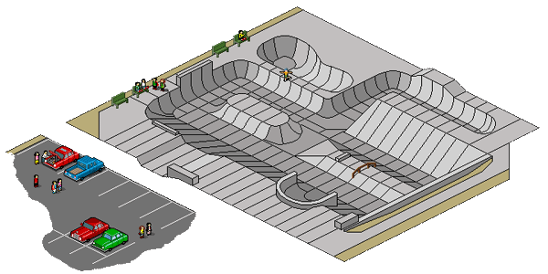 This is a pixel art illustration of the Tallahasee Skate Park